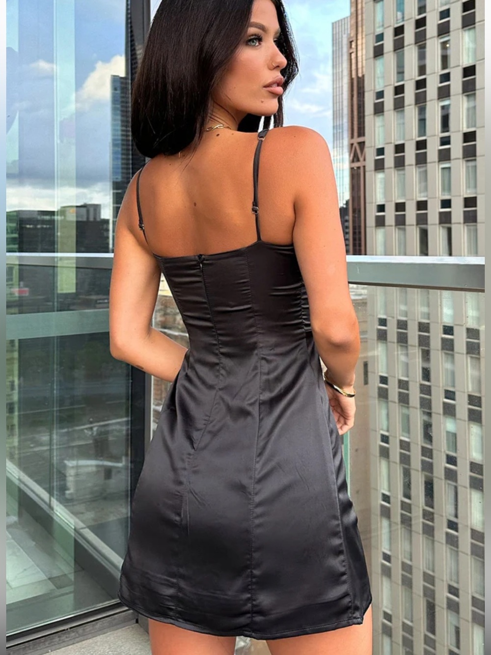 Black Lace-Trim Satin Mini Dress - Picture 3 of 6